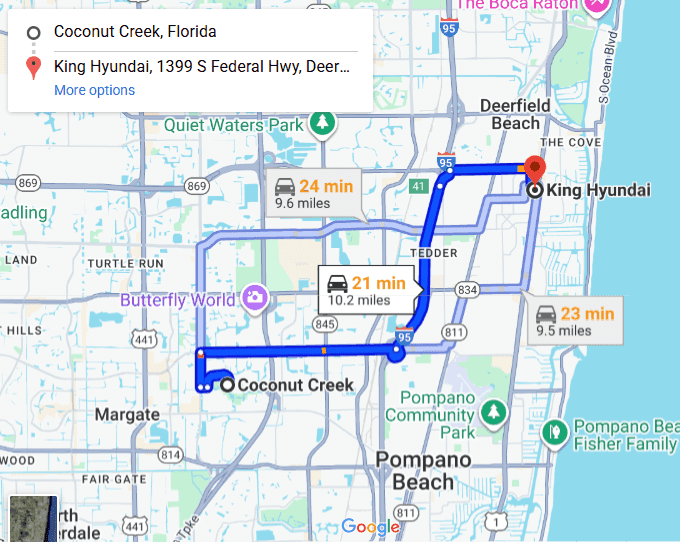 Map showing driving route from Coconut Creek to King Hyundai in Deerfield Beach