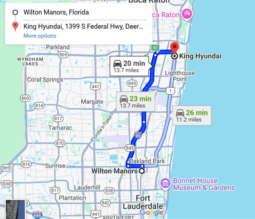 Driving map from Wilton Manors to King Hyundai in Deerfield Beach