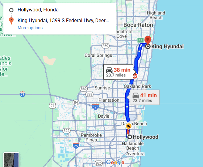 Map showing driving route from Hollywood’s Guitar Hotel to King Hyundai in Deerfield Beach