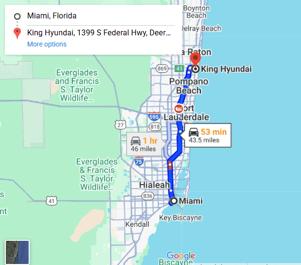 Map showing driving route from Miami to King Hyundai in Deerfield Beach
