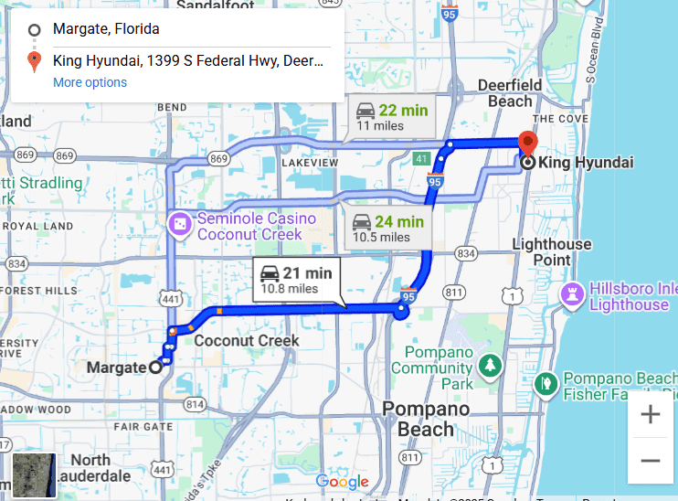 Map showing route from Margate, FL to King Hyundai in Deerfield Beach