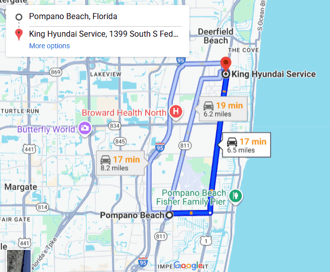Map showing driving route from Pompano Beach to King Hyundai in Deerfield Beach
