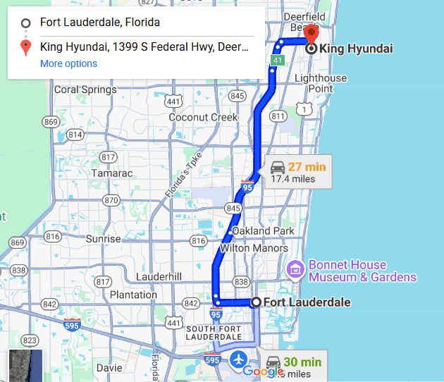 Mapa con la ruta desde Fort Lauderdale hasta King Hyundai en Deerfield Beach