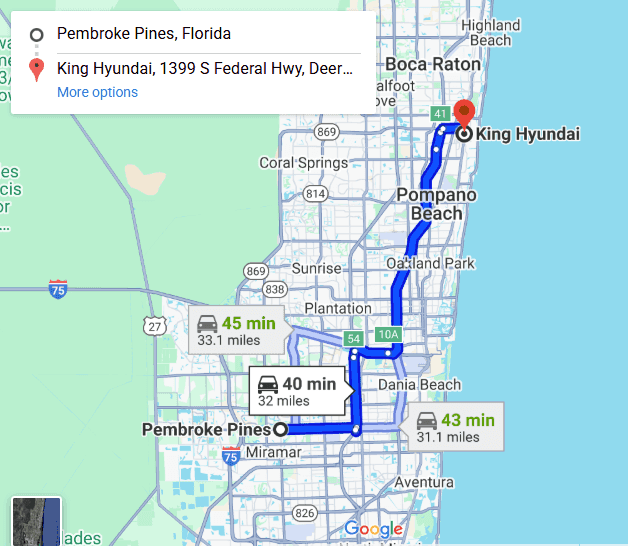 Mapa con la ruta desde Pembroke Pines hasta King Hyundai en Deerfield Beach