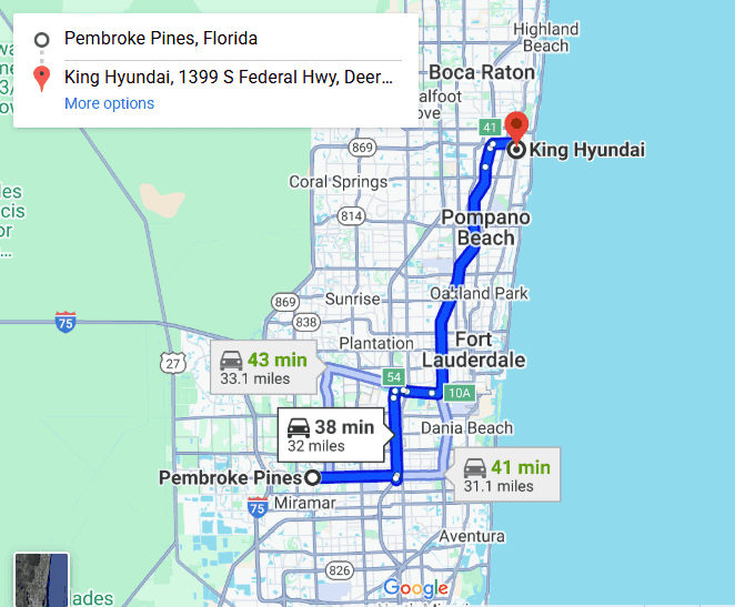 Map from Pembroke Pines to King Hyundai
