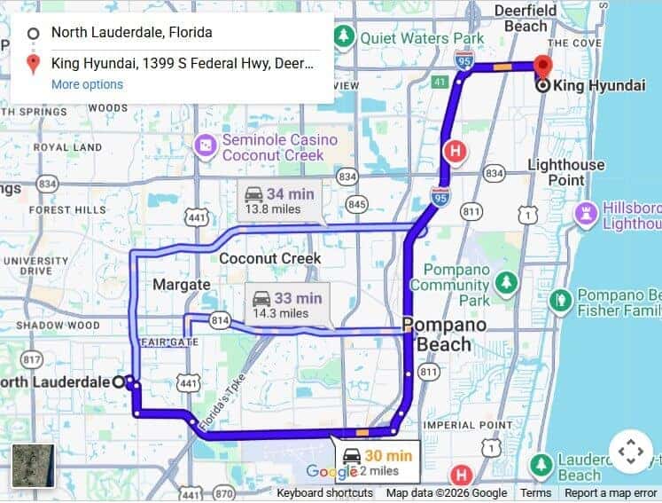 Map showing driving route from North Lauderdale to King Hyundai in Deerfield Beach