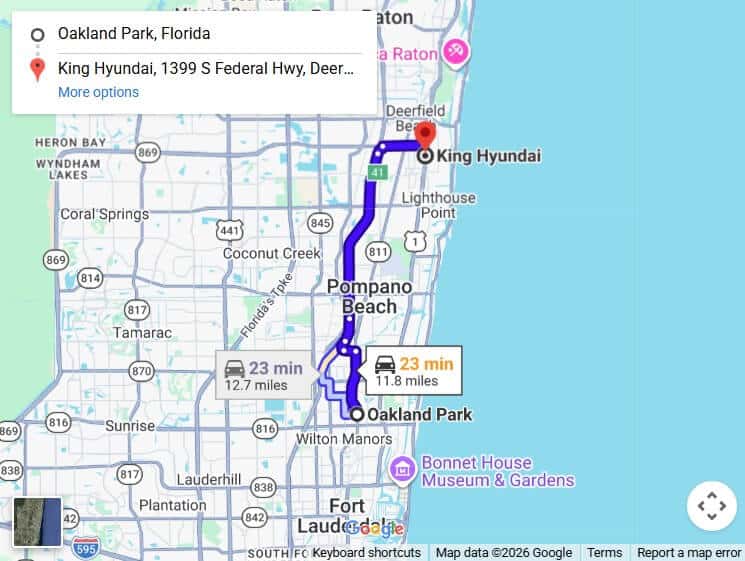 Driving route from Oakland Park to King Hyundai in Deerfield Beach