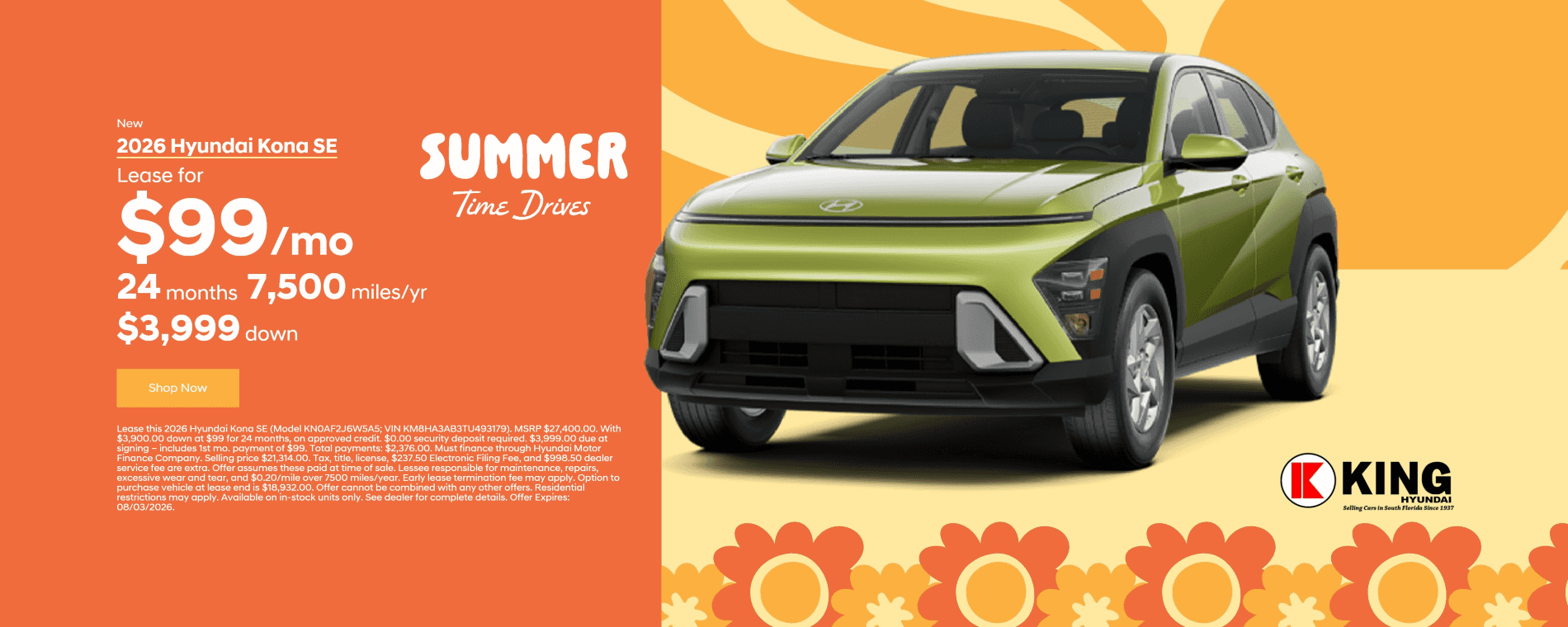 2026 Hyundai Kona Lease Special at King Hyundai in Deerfield Beach, FL