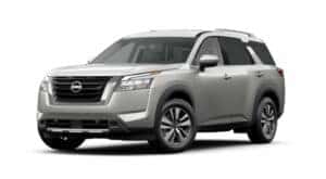 A silver 2021 Nissan Pathfinder SL is angled left.