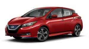 A red 2022 Nissan LEAF is angled left.