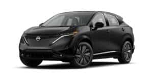A black 2023 Nissan ARIYA EVOLVE+ is angled left.
