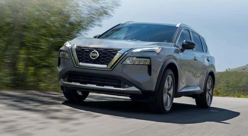 A grey 2022 Nissan Rogue is shown from the front at an angle after asking a dealer to 'value my trade'.