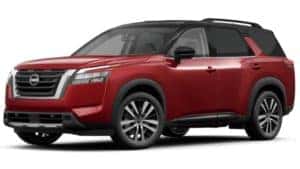 A red 2023 Nissan Pathfinder is shown angled left.
