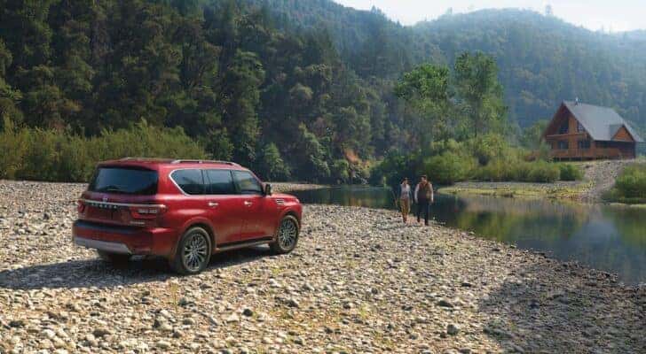 A red 2022 Nissan Armada is shown from the rear at an angle.