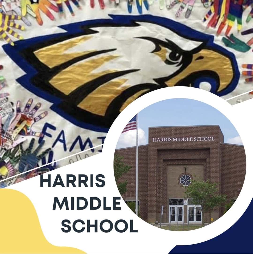 Harris Middle School logo features their eagle painted with blue and gold