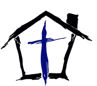 Homes of Hope Bedford County Logo is a hand-drawn house with a blue cross in the middle