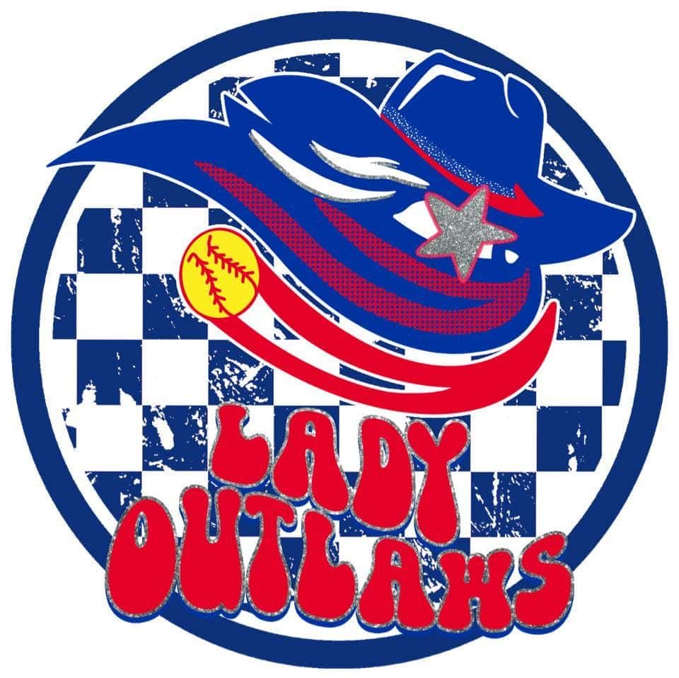 Lady Outlaws Softball logo features their name is red lettering and a cowbow hat with a yellow softball swirling in the air