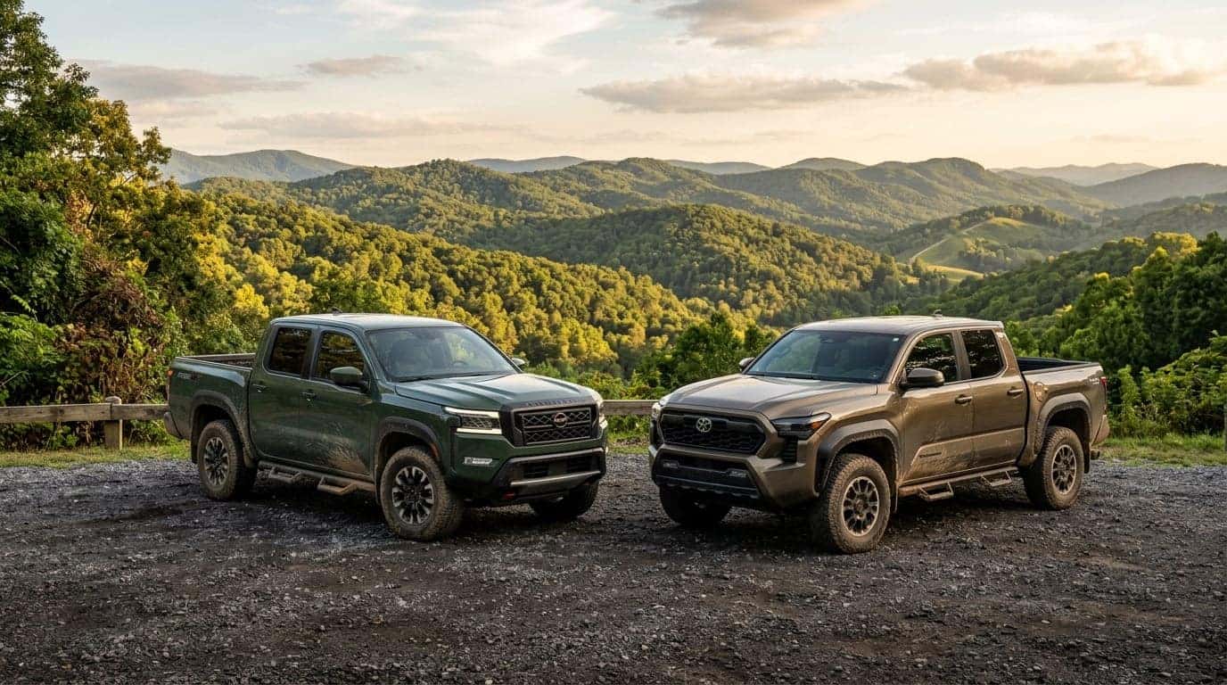 2025 Nissan Frontier PRO-4X and Toyota Tacoma TRD Off-Road parked side by side on a Tennessee overlook