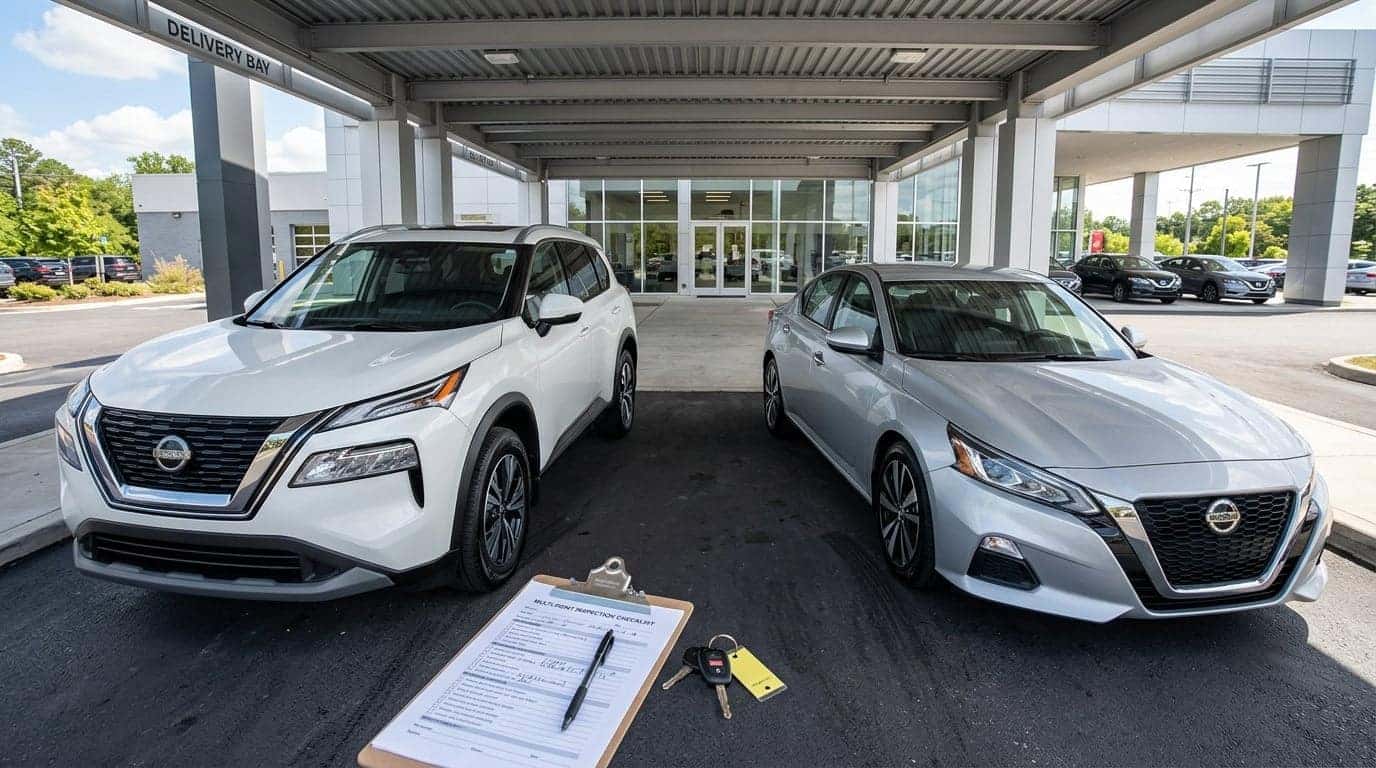 Pre-owned Nissan Rogue and Altima under a dealership delivery canopy with an inspection checklist