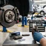 Technician measuring brake rotor thickness beside new brake pads in a service bay