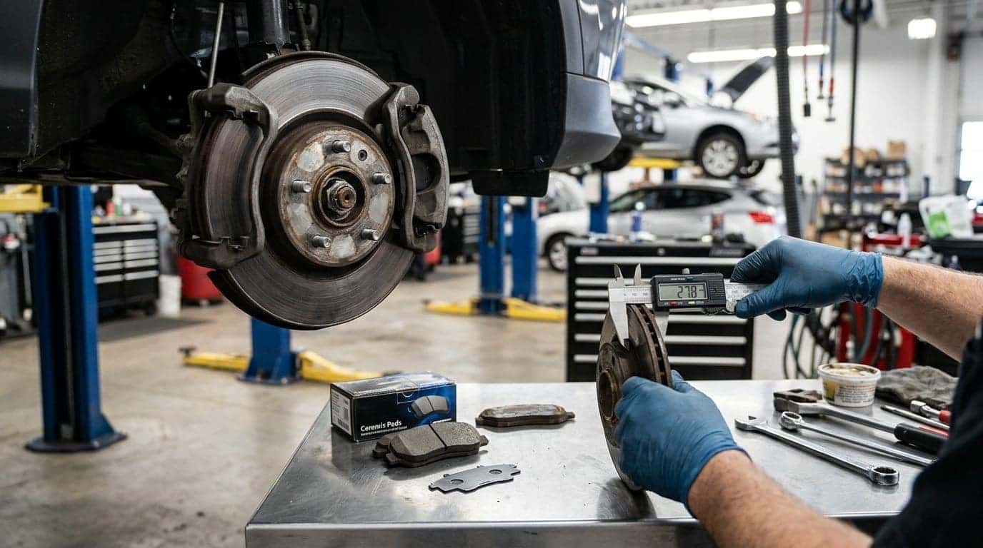 Technician measuring brake rotor thickness beside new brake pads in a service bay