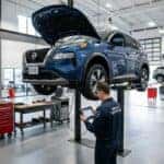 Nissan Rogue on a service lift while a technician runs a diagnostic scan