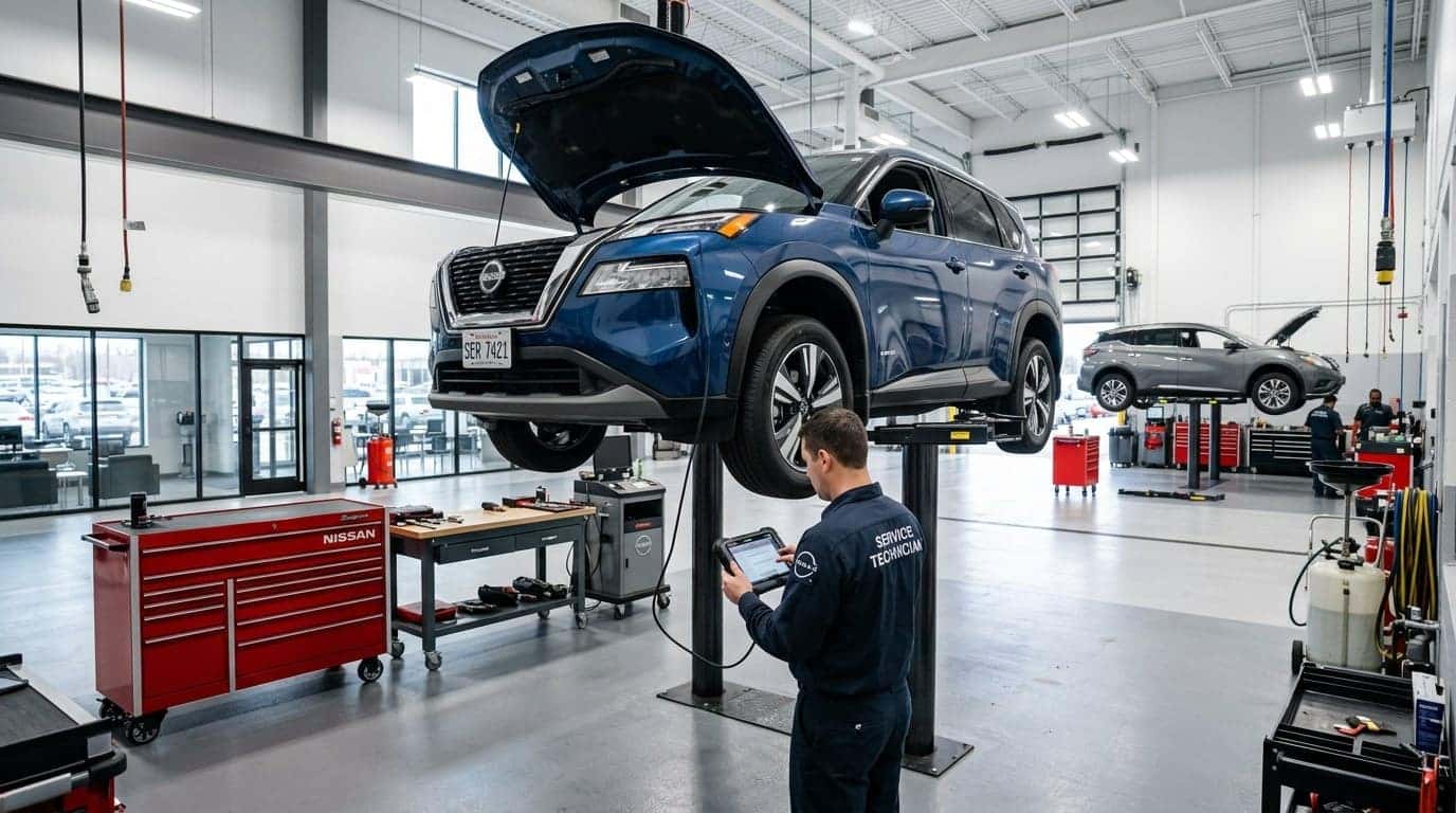 Nissan Rogue on a service lift while a technician runs a diagnostic scan