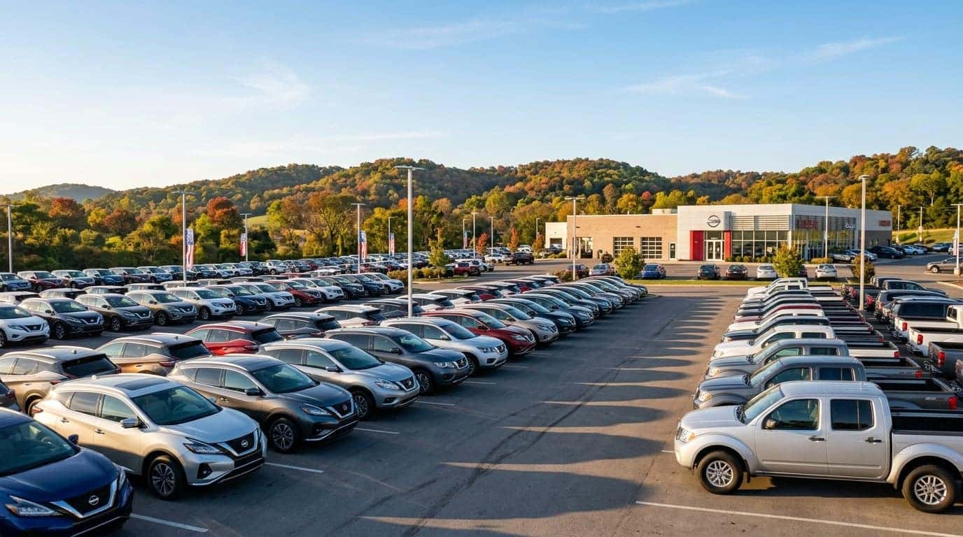 Row of new Nissan SUVs and a Frontier pickup on a dealership lot in early autumn