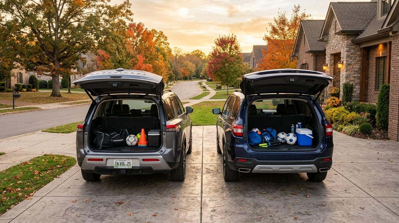 2025 Nissan Pathfinder and Honda Pilot with liftgates open showing third-row cargo space