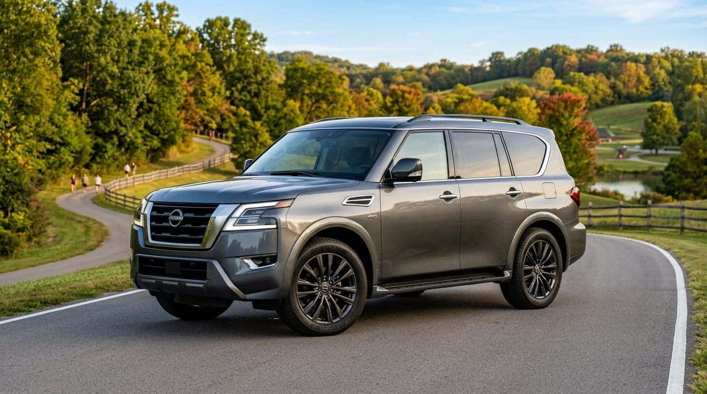 A clean commercial photograph of a 2025 Nissan Armada full-size SUV featuring factory 22-inch alloy wheels, parked at a three-quarter front angle along a paved access road in a Middle Tennessee suburban park, late afternoon golden hour lighting highlighting the metallic dark grey paint and sleek body lines, surrounding landscape of gently rolling hills with early fall foliage showing subtle touches of yellow and orange amidst rich green oak trees, realistic automotive lifestyle imagery, crisp depth of field with soft park background, no license plate. No text, no logos other than natural vehicle badging, no identifiable faces. (Representative image for illustration purposes only. Actual vehicle may vary based on trim and configuration.)