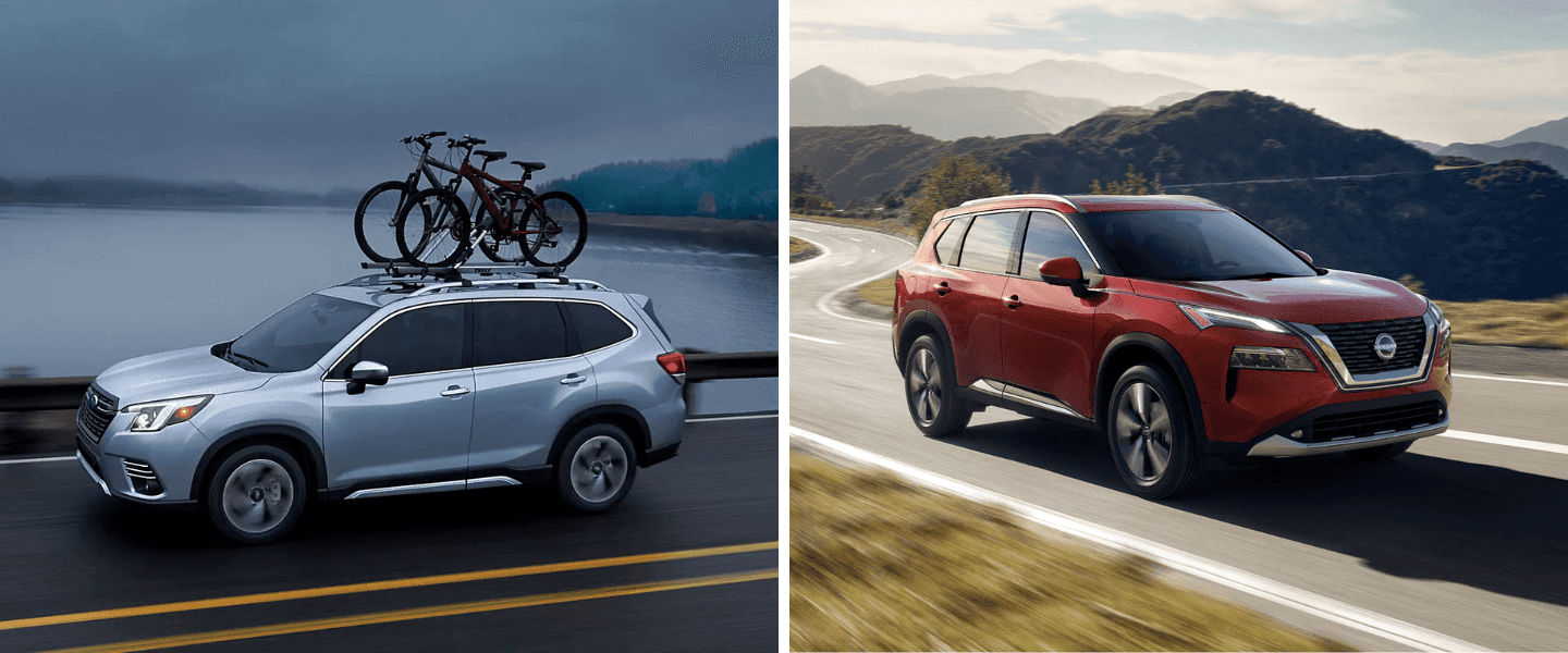 Light blue Subaru Forester vs. red Nissan Rogue