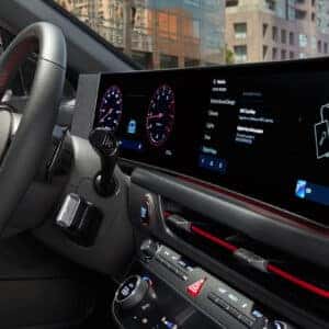 Side angle view of the 2024 Hyundai Sonata N Line’s dashboard and infotainment screen displaying digital key options.