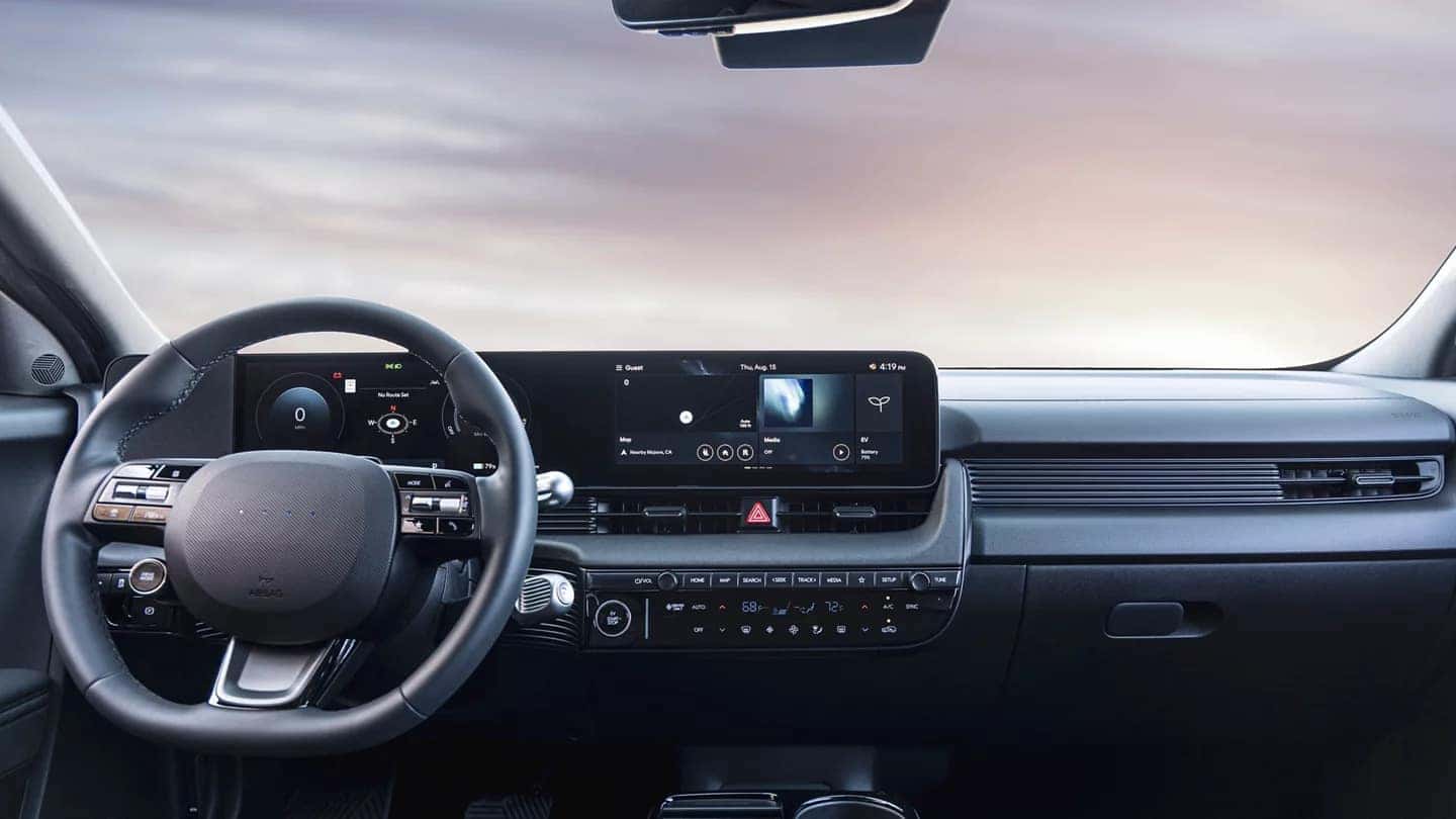 Close-up of the 2025 Hyundai IONIQ 5 XRT front seat with embossed XRT badging on the black leather upholstery.