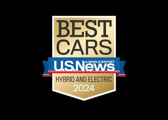 U.S. News & World Report Best Cars 2024 award badge for Hybrid and Electric vehicles, featuring a gold and blue design.