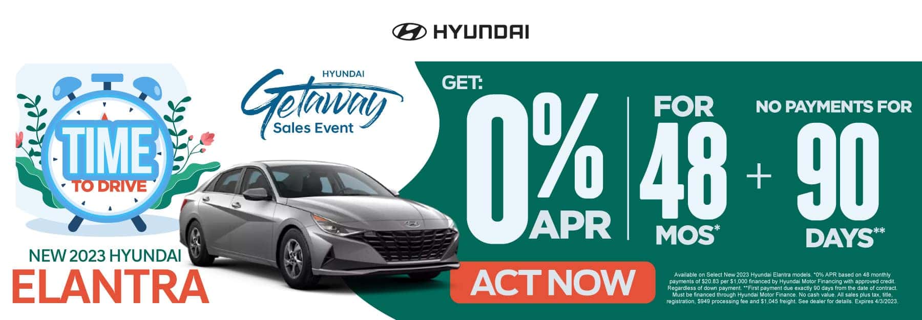 New 2023 Hyundai Elantra - Get 0% APR for 48 mos* + No payments for 90 days** - Act Now