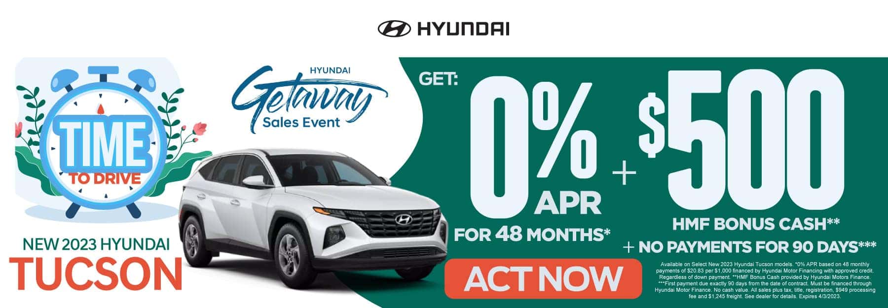 New 2023 Hyundai Tucson - 0% APR for 48 mos plus $500 HMF Bonus Cash plus no payments for 90 days - Act Now