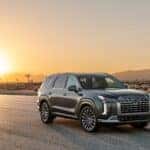 The 2025 Hyundai PALISADE flagship SUV parked on the street with the sunset behind it.