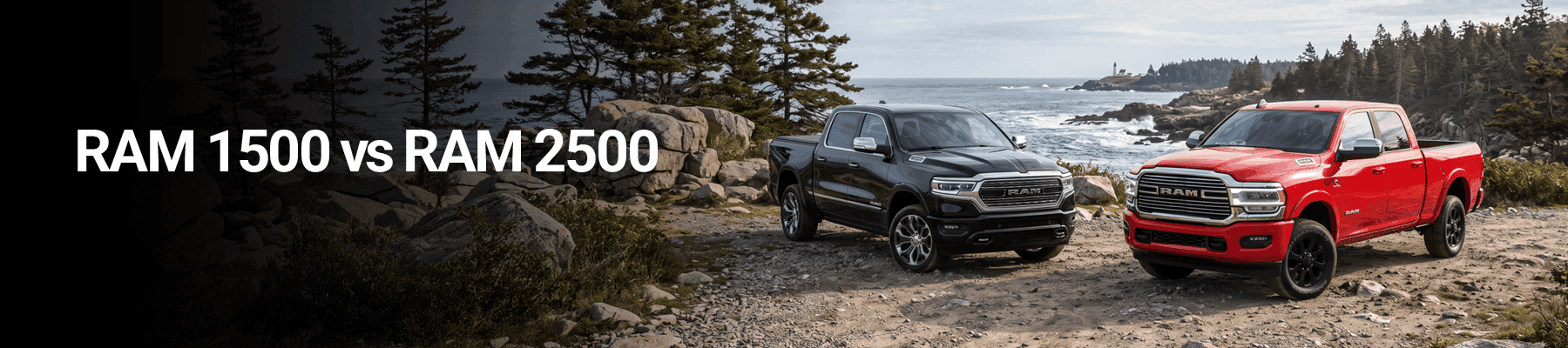 Ram 1500 vs 2500 comparison graphic with two pickup trucks on a rocky desert trail