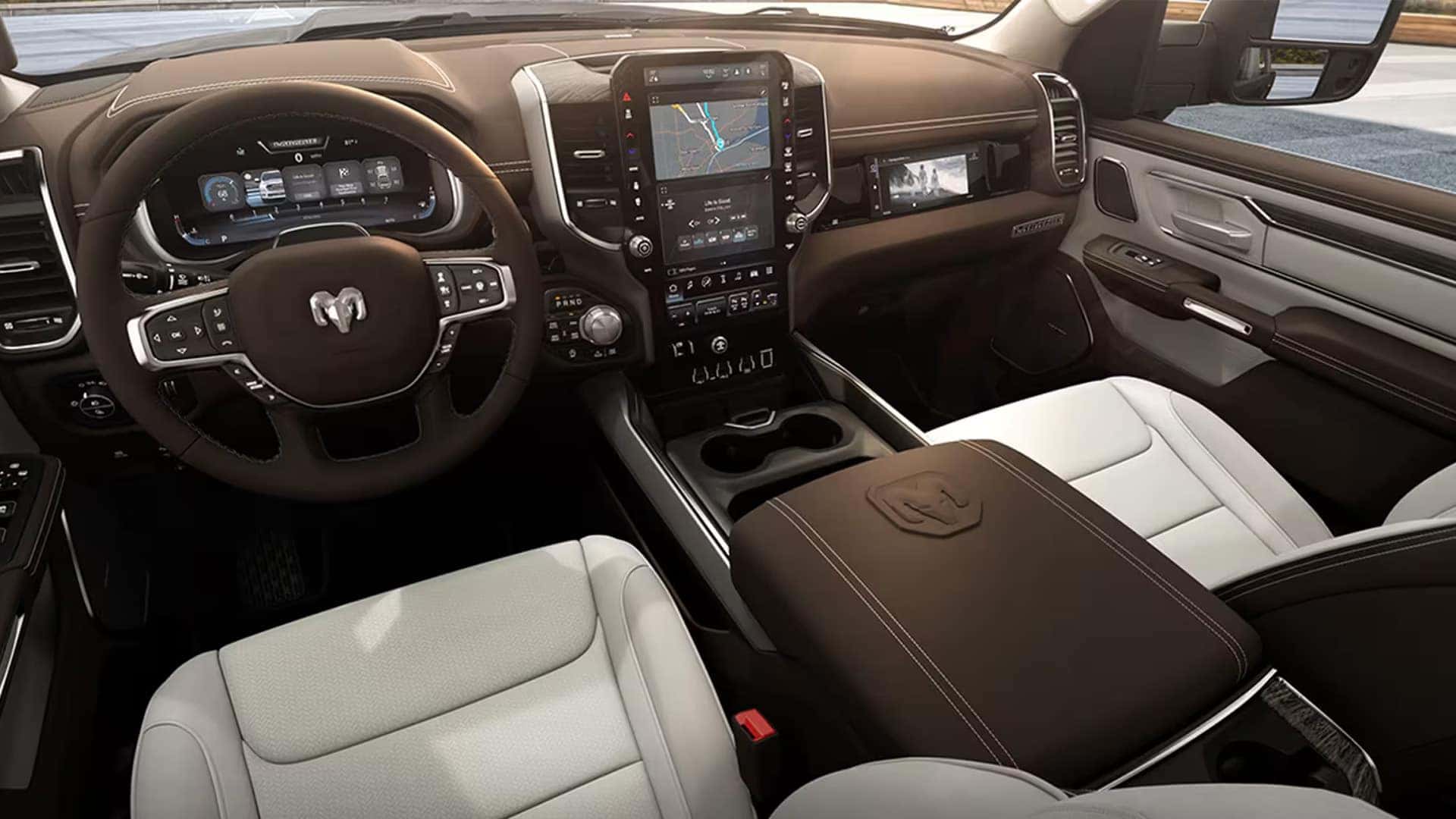 Dashboard layout with Uconnect 5 and premium trim details in Ram 1500