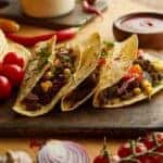 Tacos plated on a cutting board on a wooden table
