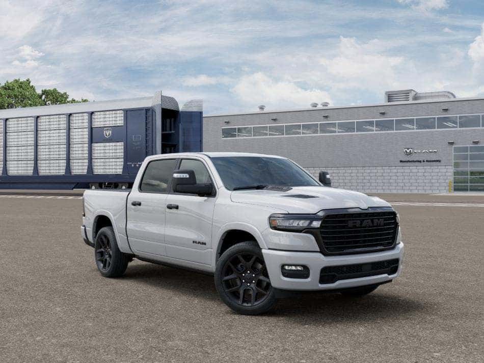 An exterior view of the 2026 RAM 1500 Laramie parked outside the showroom in St. George, UT
