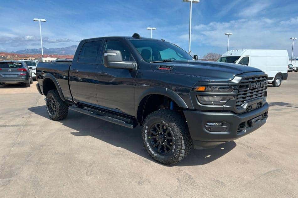 An exterior view of the black 2026 RAM 2500 showcasing features in St. George, UT