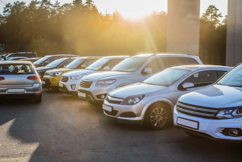Selection of SUVs, sedans, and crossovers parked in a dealership lot for cargo space comparison