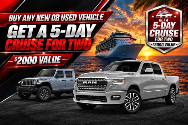 Buy any new or used vehicle at Stephen Wade Chrysler Dodge Jeep Ram in St. George and get a 5-day cruise for two, a $2,000 value.
