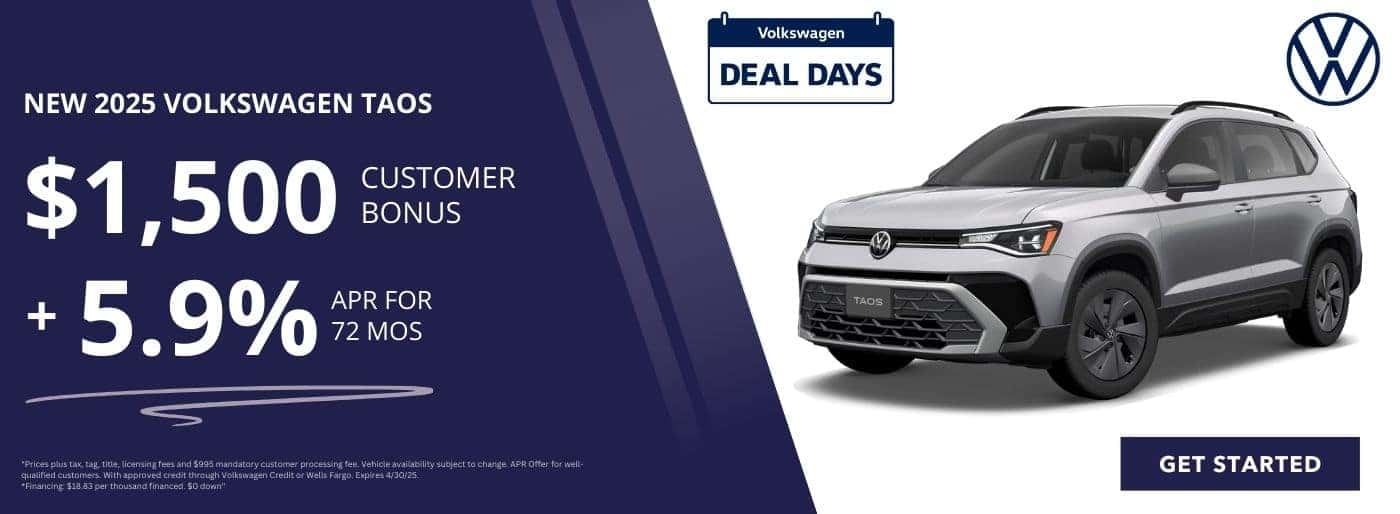 Finance a New Volkswagen Taos for 5.9% APR for 72 Months and get $1500 Customer Bonus at Step One Volkswagen Fort Walton Beach in Fort Walton Beach, FL. Select the image to view matching inventory.