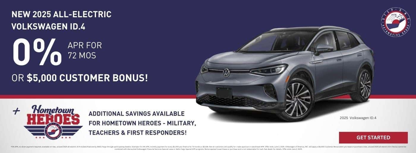 Buy a new 2025 all-electric ID.4 at 0% Financing for 72 months or $5,000 Customer Bonus at Step One Volkswagen Fort Walton Beach in Fort Walton Beach, FL. Select the image to view inventory.