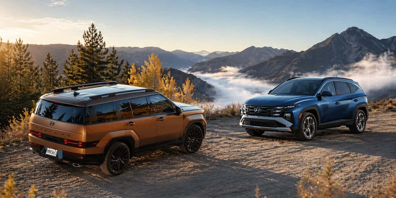 Hyundai Santa Fe and Tucson SUVs on a mountain overlook with scenic landscape views