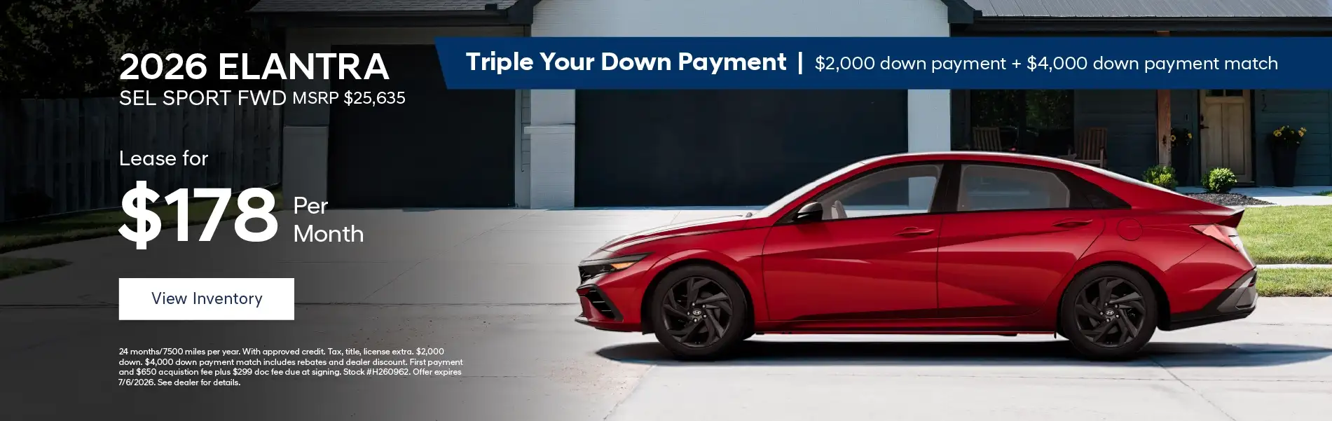 2026 Hyundai Elantra SEL SPORT FWD - Lease for $178 per month