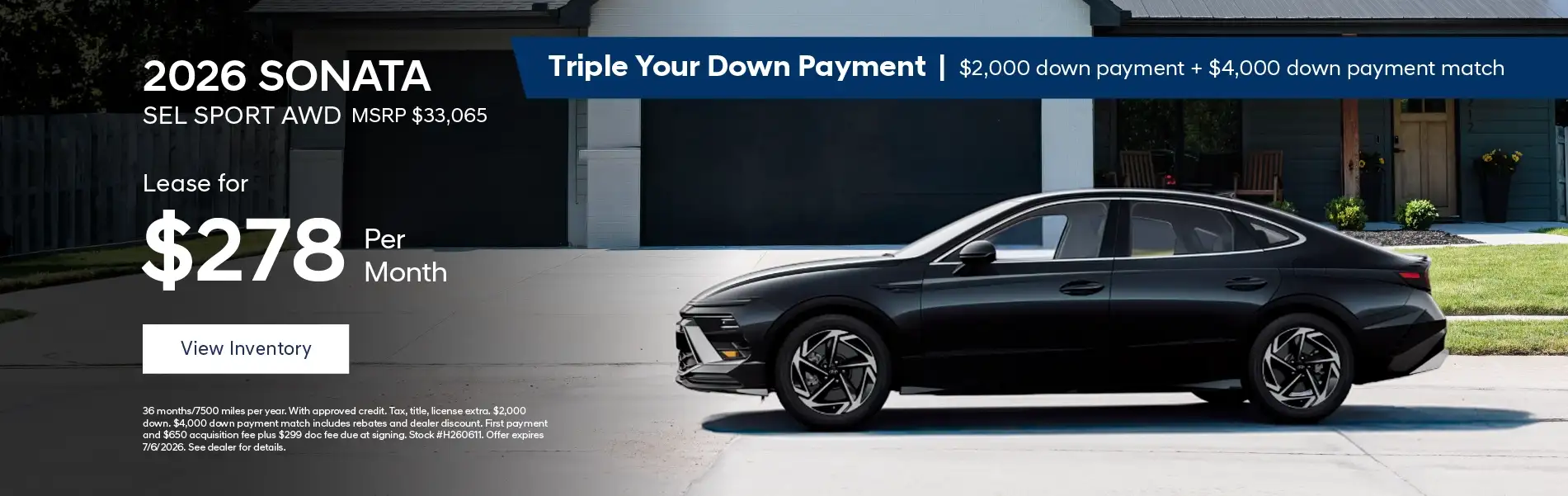 2026 Hyundai Sonata SEL SPORT AWD - Lease for $278 per month