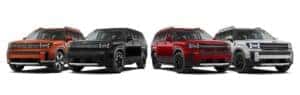 2025 Hyundai Santa Fe models in orange, black, red, and metal grey